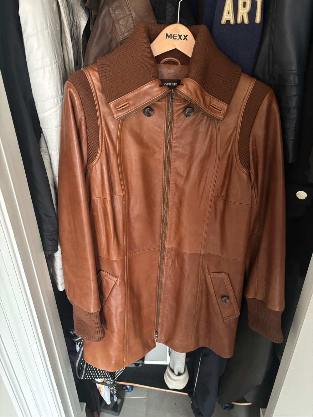 Danier Cognac Brown Leather Jacket with Knit Collar
